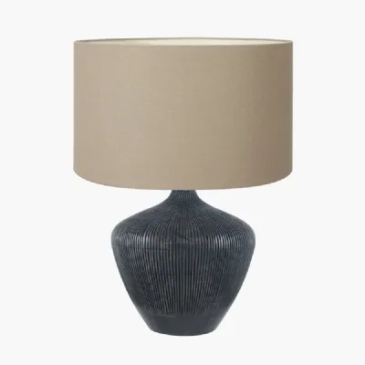Manaia Antique Black Textured Wood Table Lamp Base with Henry 35cm Taupe Handloom Cylinder Lampshade
