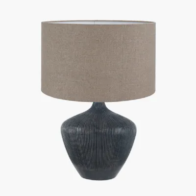 Manaia Antique Black Textured Wood Table Lamp Base with Edward 35cm Natural Linen Cylinder Lampshade
