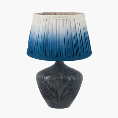 Manaia Antique Black Textured Wood Table Lamp Base with Scallop 35cm Blue Ombre Soft Pleated Tapered Lampshade