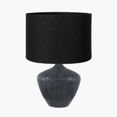 Manaia Antique Black Textured Wood Table Lamp Base with Lino 35cm Black Self Lined Linen Cylinder Lampshade