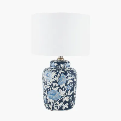 Fleur Blue Floral Ceramic Table Lamp with Lino 25cm White Self Lined Linen Cylinder Lampshade