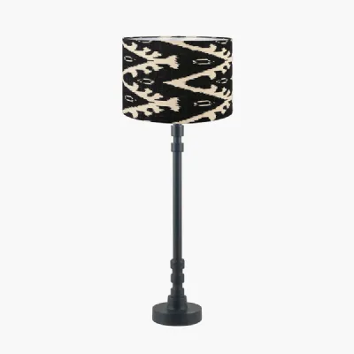 Rhode Matt Black Stick Metal Table Lamp Base with Lars 30cm Black Ikat Patterned Cylinder Lampshade
