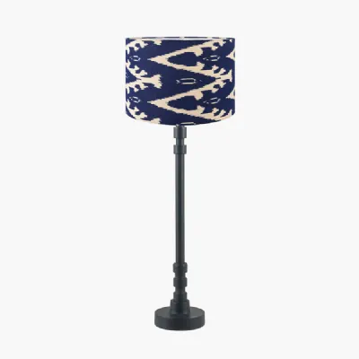 Rhode Matt Black Stick Metal Table Lamp Base with Lars 30cm Ocean Blue Ikat Patterned Cylinder Lampshade