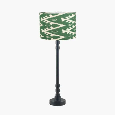 Rhode Matt Black Stick Metal Table Lamp Base with Lars 30cm Racing Green Ikat Patterned Cylinder Lampshade