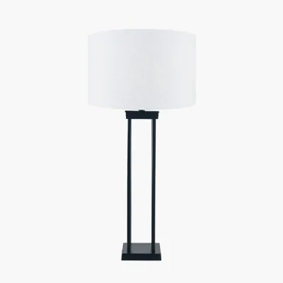 Langston Matt Black Metal Column Table Lamp Base with Lino 40cm White Self Lined Linen Cylinder Lampshade