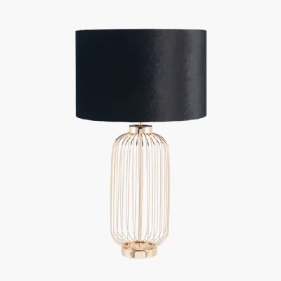 Dania French Gold Metal Wire Tall Table Lamp Base with Bow 45cm Black Velvet Cylinder Lampshade