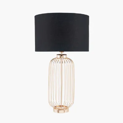 Dania French Gold Metal Wire Tall Table Lamp Base with Lino 40cm Black Self Lined Linen Cylinder Lampshade