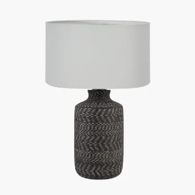 Atouk Textured Black Stoneware Table Lamp Base with Harry 35cm Ivory Cotton Mix Cylinder Lampshade