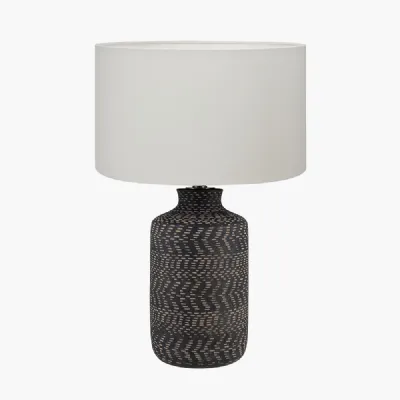 Atouk Textured Black Stoneware Table Lamp Base with Henry 35cm White Handloom Cylinder Lampshade