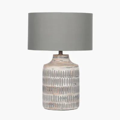 Galle Grey Wash Wood Textured Table Lamp Base with Harry 30cm Steel Grey Cotton Mix Cylinder Lampshade