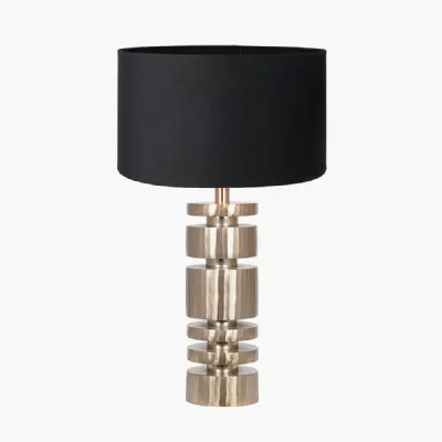 Elon Champagne Gold Metal Stacked Cylinder Table Lamp Base with Harry 35cm Black Cotton Mix Cylinder Lampshade