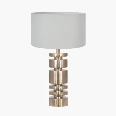 Elon Champagne Gold Metal Stacked Cylinder Table Lamp Base with Harry 35cm Ivory Cotton Mix Cylinder Lampshade