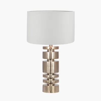 Elon Champagne Gold Metal Stacked Cylinder Table Lamp Base with Lino 35cm White Self Lined Linen Cylinder Lampshade