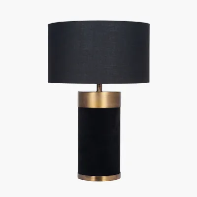 Dempsey Black Velvet and Antique Gold Metal Table Lamp Base with Harry 30cm Black Cotton Mix Cylinder Lampshade