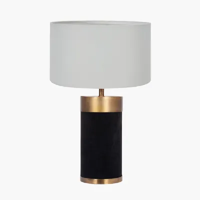 Dempsey Black Velvet and Antique Gold Metal Table Lamp Base with Harry 30cm Ivory Cotton Mix Cylinder Lampshade