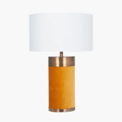 Dempsey Mustard Velvet and Antique Gold Metal Table Lamp Base with Henry 30cm White Handloom Cylinder Lampshade