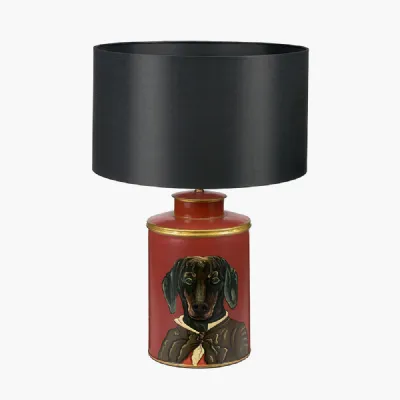 Dachshund Red Hand Painted Metal Table Lamp Base with Zara 40cm Black Silk Cylinder Lampshade