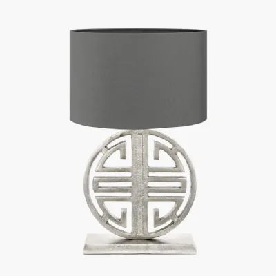 Orla Shiny Silver Metal Statement Circle Table Lamp Base with Mia 35cm Steel Grey Oval Cotton Mix Lampshade