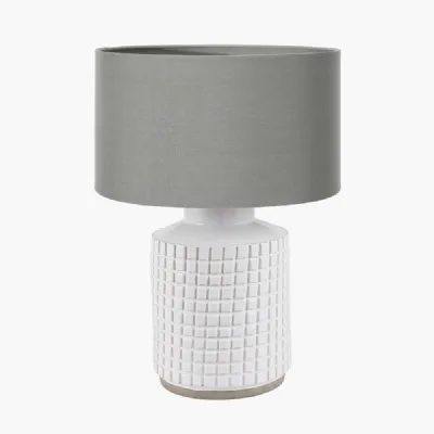Malone Textured White Squares Design Stoneware Table Lamp Base with Harry 35cm Steel Grey Cotton Mix Cylinder Lampshade