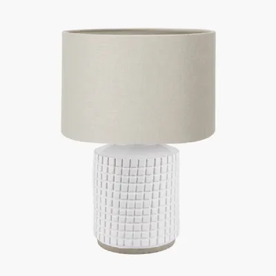Malone Textured White Squares Design Stoneware Table Lamp Base with Lino 35cm Grey Self Lined Linen Cylinder Lampshade
