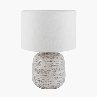 Alina White Dot Design Small Stoneware Table Lamp Base with Lino 25cm White Self Lined Linen Drum Lampshade