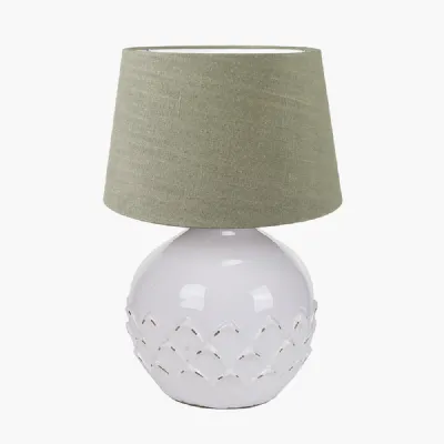 Willow White Leaf Detail Small Stoneware Table Lamp Base with Milos 25cm Pistachio Green Linen Tapered Lampshade