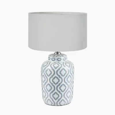 Celia Grey and White Pattern Ceramic Table Lamp Base with Harry 30cm Ivory Cotton Mix Cylinder Lampshade