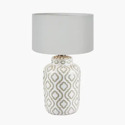 Celia Taupe and White Pattern Ceramic Table Lamp Base with Harry 30cm Ivory Cotton Mix Cylinder Lampshade