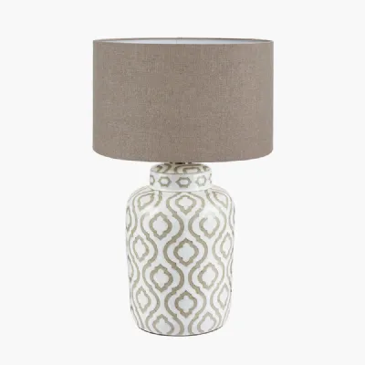 Celia Taupe and White Pattern Ceramic Table Lamp Base with Edward 30cm Natural Linen Cylinder Lampshade