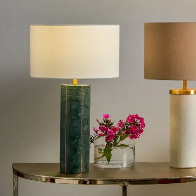 Green Marble and Gold Metal Tall Table Lamp Cylinder Shade