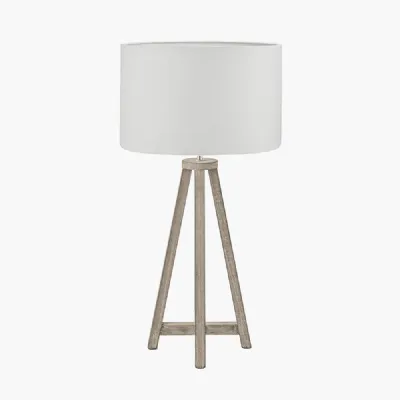 Whitby Grey Wash Wood Tapered 4 Post Table Lamp Base with Lino 35cm White Self Lined Linen Cylinder Lampshade