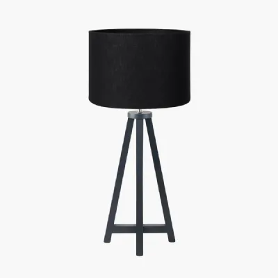 Whitby Matt Black Wood Tapered 4 Post Table Lamp Base with Lino 35cm Black Self Lined Linen Cylinder Lampshade