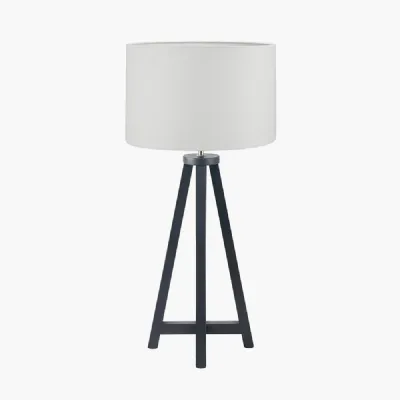 Whitby Matt Black Wood Tapered 4 Post Table Lamp Base with Lino 35cm White Self Lined Linen Cylinder Lampshade