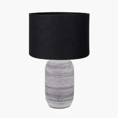 Kira White and Black Textured Stoneware Table Lamp Base with Lino 35cm Black Self Lined Linen Cylinder Lampshade