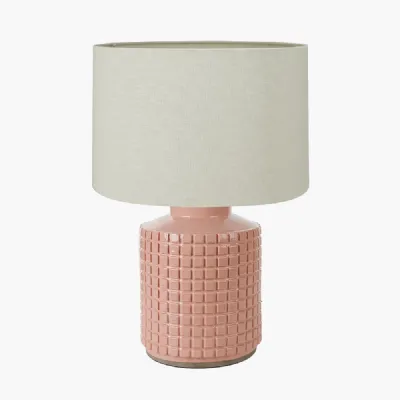Malone Textured Apricot Squares Design Stoneware Table Lamp Base with Lino 35cm Cream Self Lined Linen Cylinder Lampshade