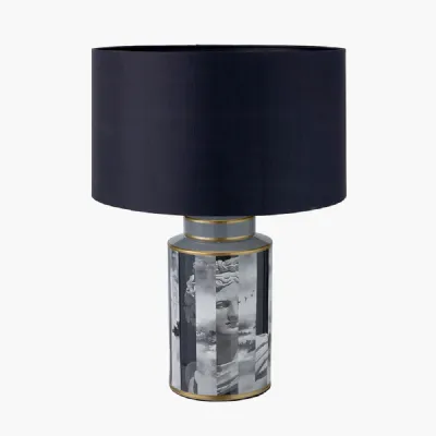 Fenella Black and White Photographic Design Table Lamp Base with Zara 40cm Black Silk Cylinder Lampshade