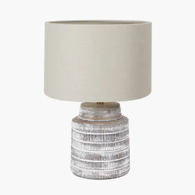 Paihia White Wash Wood Textured Short Table Lamp Base with Lino 30cm Grey Self Lined Linen Cylinder Lampshade