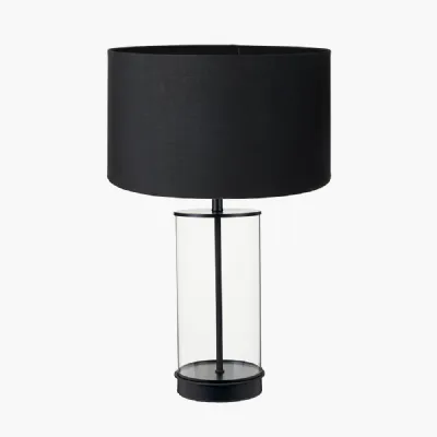 Westwood Clear Glass and Black Metal Table Lamp Base with Harry 35cm Black Cotton Mix Cylinder Lampshade