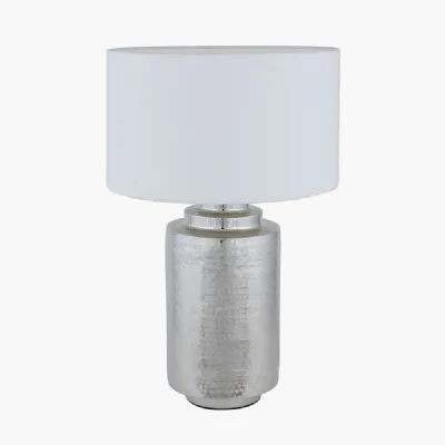 Zuri Large Shiny Silver Metal Pot Table Lamp Base with Henry 45cm White Handloom Cylinder Lampshade