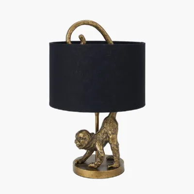 Vervet Antique Brass Metal Monkey Table Lamp Base with Lino 30cm Black Self Lined Linen Cylinder Lampshade