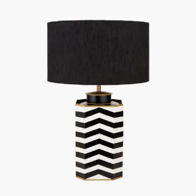 Oskar Black and White Chevron Hand Painted Metal Table Lamp Base with Stellan 40cm Black Slubbed Silk Mix Gold Lined Cylinder Lampshade