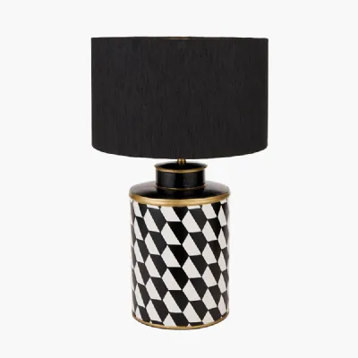 Victor Black and White Geometric Hand Painted Metal Table Lamp Base with Stellan 35cm Black Slubbed Silk Mix Gold Lined Cylinder Lampshade