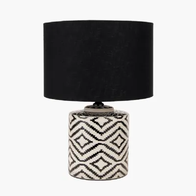 Chirala Black and White Ikat Ceramic Table Lamp Base with Lino 35cm Black Self Lined Linen Cylinder Lampshade