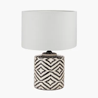 Chirala Black and White Ikat Ceramic Table Lamp Base with Lino 35cm White Self Lined Linen Cylinder Lampshade