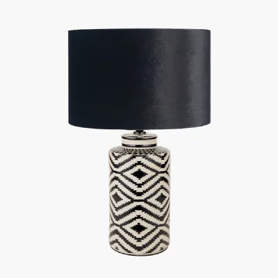 Chirala Black and White Tall Ikat Ceramic Table Lamp Base with Bow 40cm Black Velvet Cylinder Lampshade