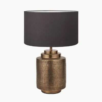 Zuri Antique Brass Metal Pot Table Lamp Base with Henry 40cm Grey Handloom Cylinder Lampshade