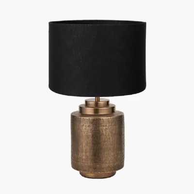 Zuri Antique Brass Metal Pot Table Lamp Base with Lino 40cm Black Self Lined Linen Cylinder Lampshade