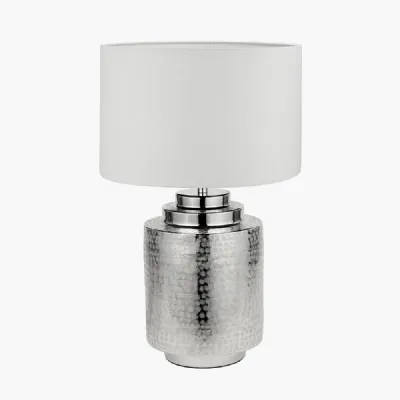 Zuri Shiny Silver Metal Pot Table Lamp Base with Lino 35cm White Self Lined Linen Cylinder Lampshade