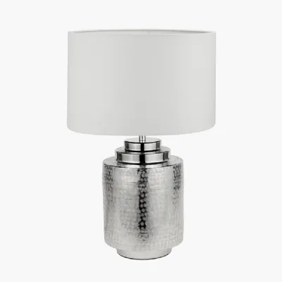 Zuri Shiny Silver Metal Pot Table Lamp Base with Lino 40cm White Self Lined Linen Cylinder Lampshade