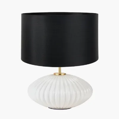 Emilia White Ribbed Glass and Gold Metal Oval Table Lamp Base with Zara 35cm Black Silk Lined Cylinder Lampshade